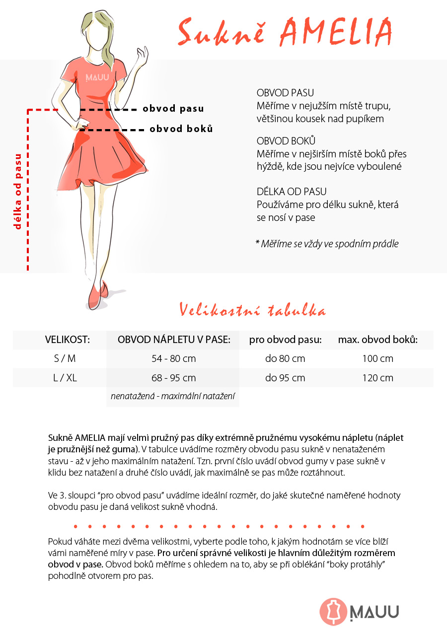 Velikostní tabulka sukně AMELIA